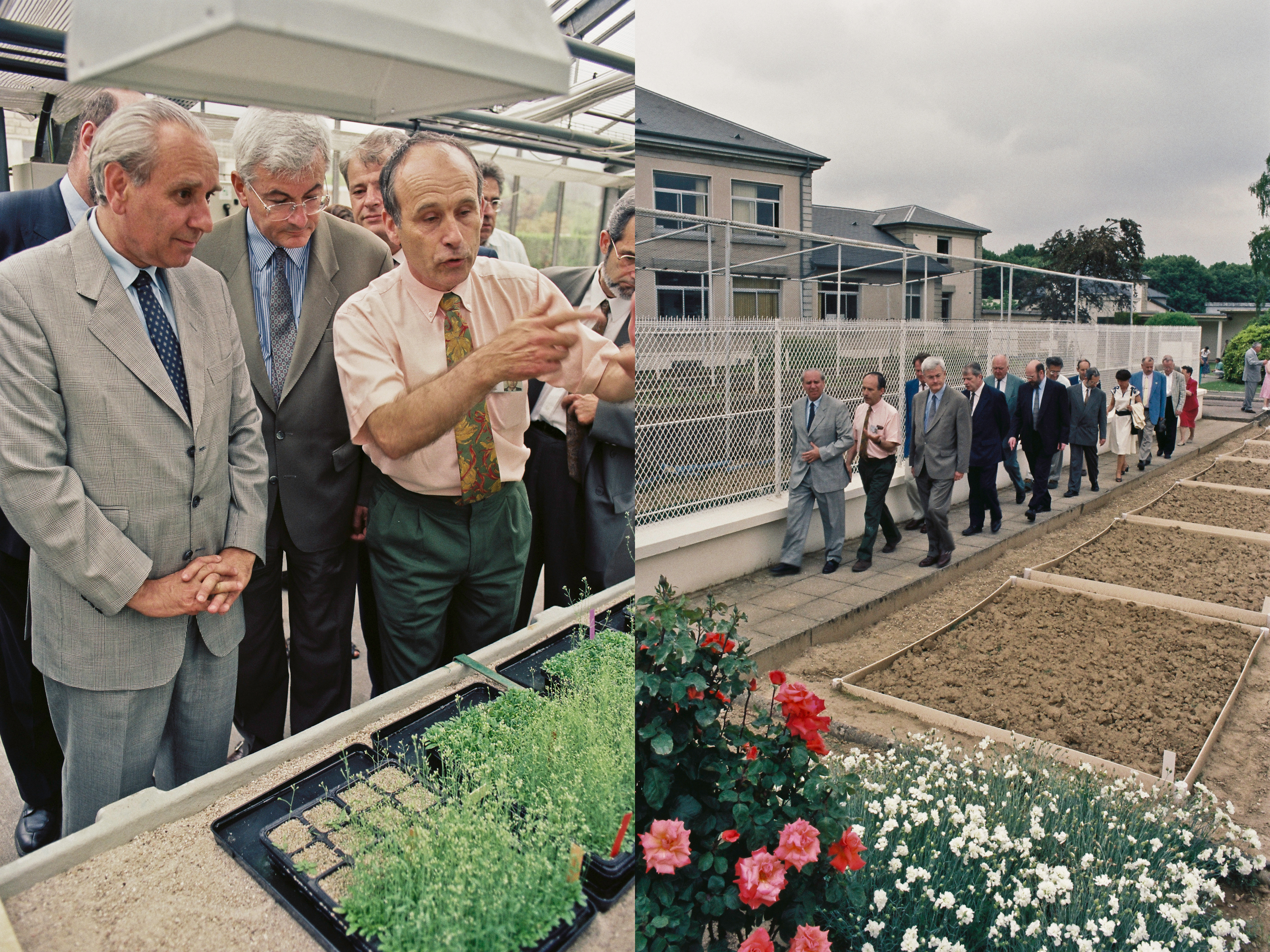 A l’occasion de la commémoration des 5O ans de l’INRA, en juin 1996, portes ouvertes du Centre de Versailles Jean-François. Morot Gaudry accueille Franck Borotra (à gauche), ministre de l’Industrie, de la Poste et des Télécommunications, et le président de l’Inra, Guy Paillotin.